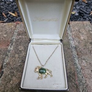 Vintage Krementz Gold Overlay And Jade Stone Lion Pendant Necklace